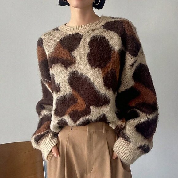 Coffee Brown Casual Women's Leopard Print Drop Shoulder Sweater - Picture 6 of 6